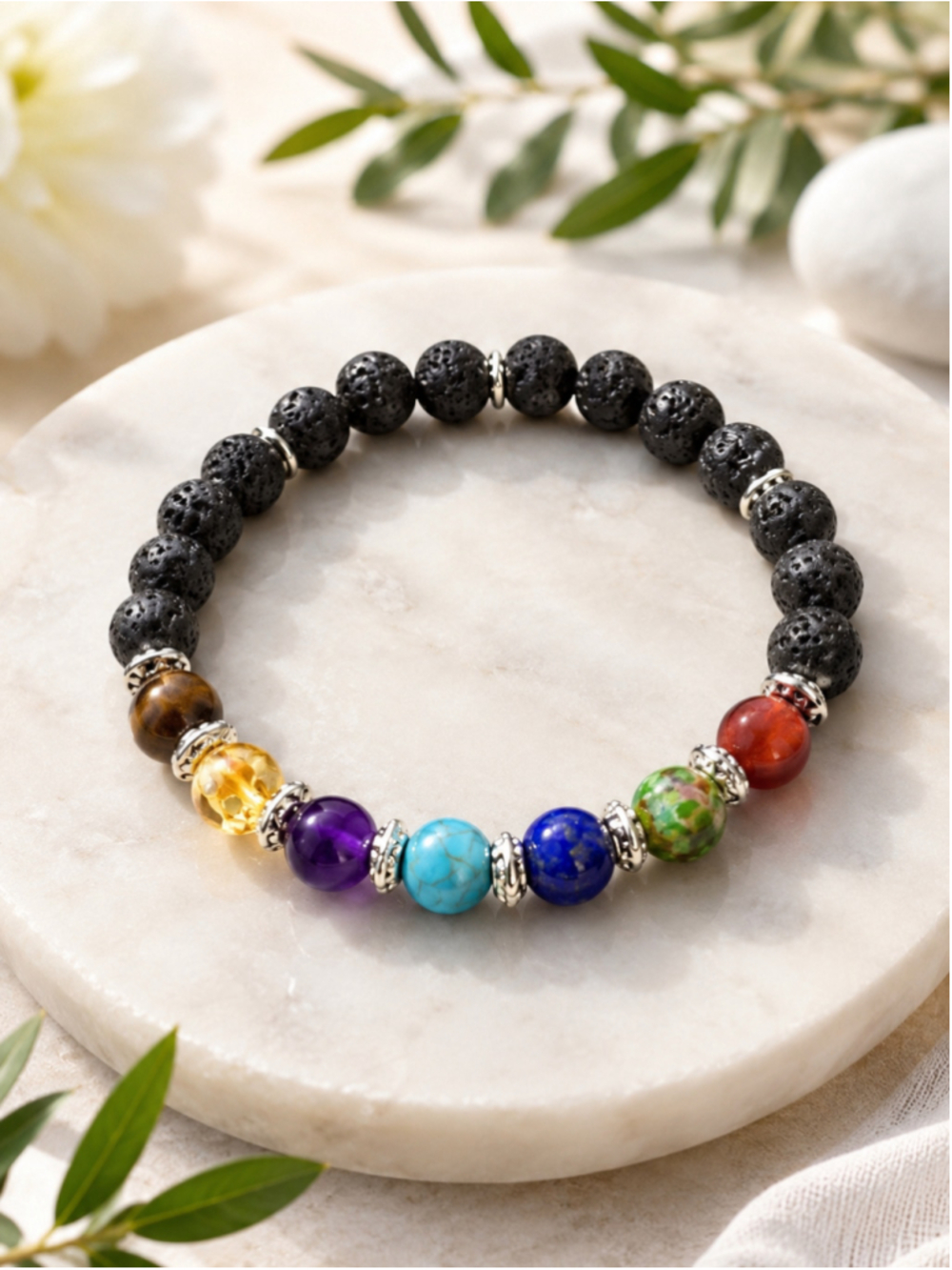 New 7 Chakra Lava Stone Stretch Bracelet with Silver-Tone Spacers – 8”